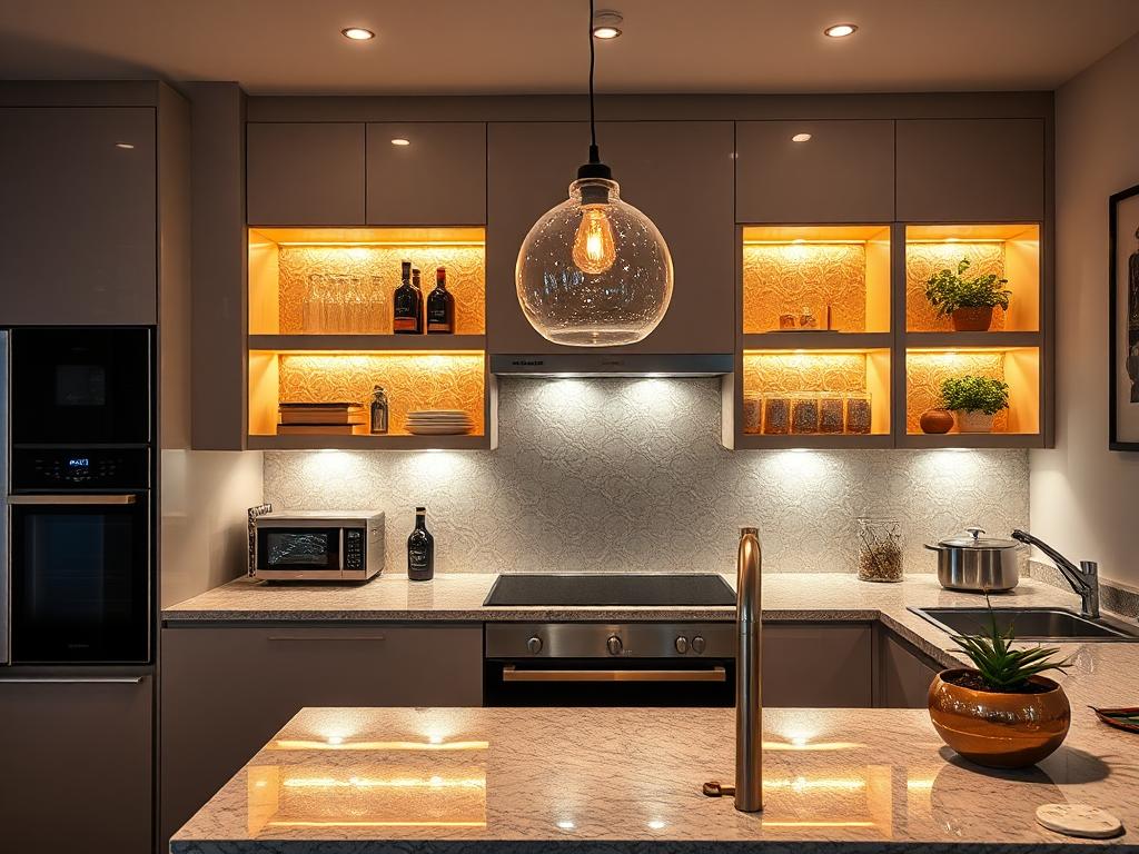 Farmhouse Kitchen Overview: A cozy farmhouse kitchen with white cabinets, wooden shelves, and a rustic dining table.
