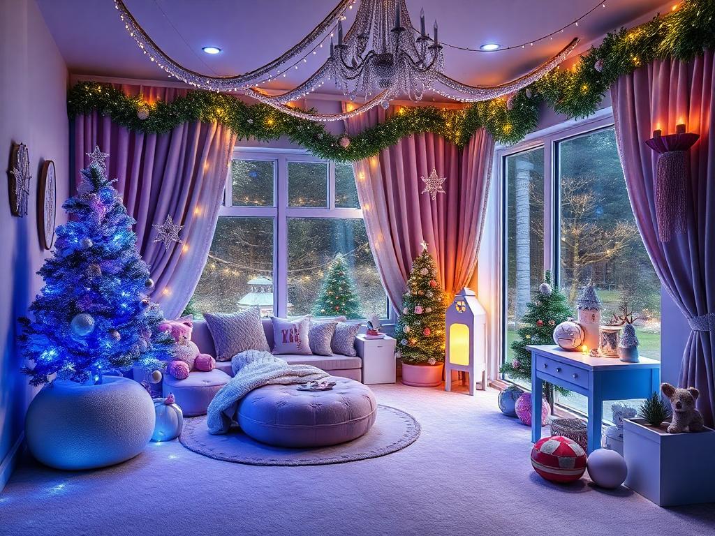 snow mini kids playroom in the balcony with Christmas lights