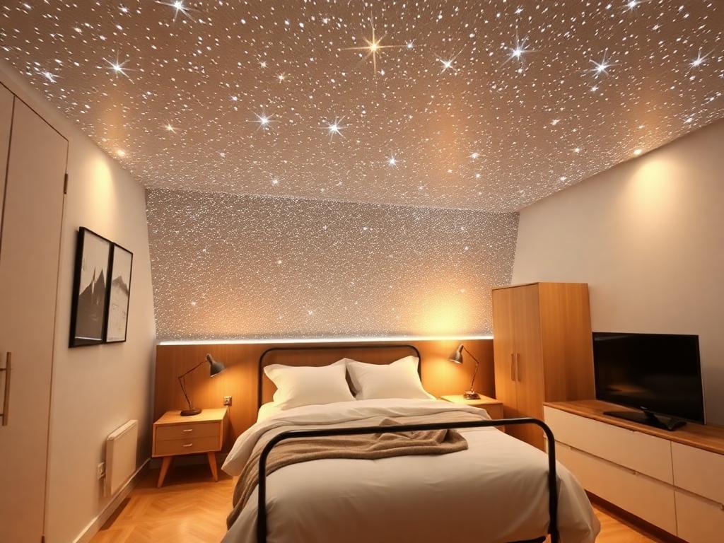 Starry night ceilings in a cozy bedroom with shimmer highlights and calming decor