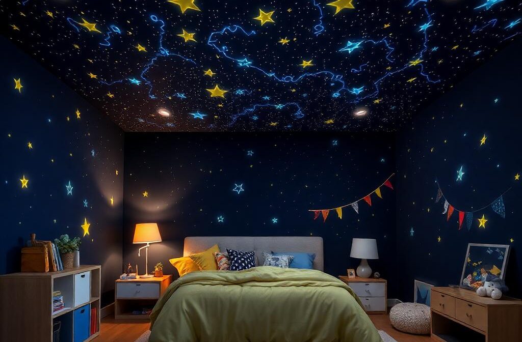 Cozy bedroom with a starry night ceiling featuring twinkling fiber optic lights in a soft blue and white color scheme, creating a peaceful, calming atmosphere