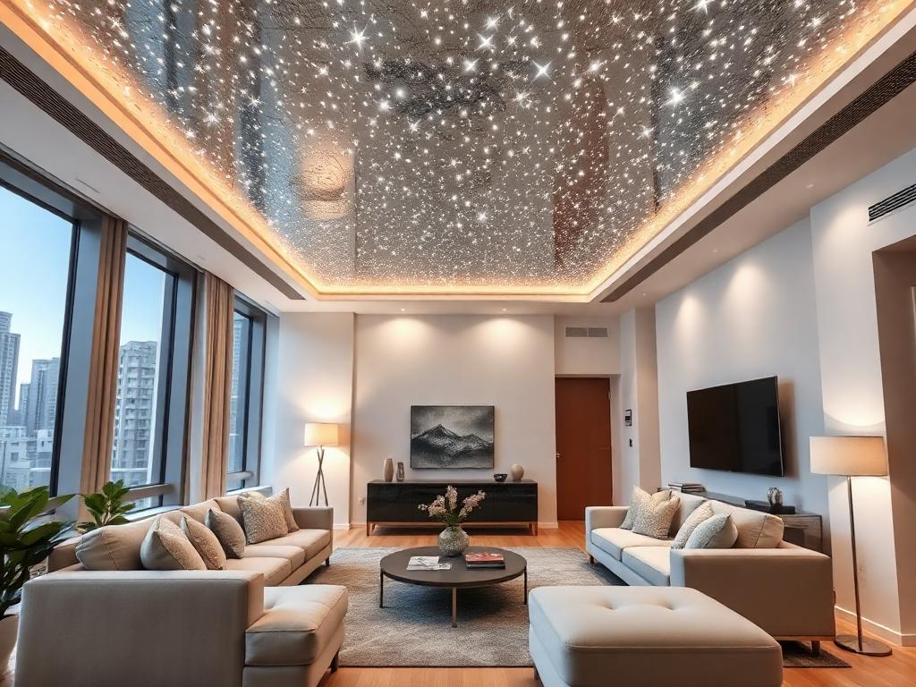 Modern living space with starry night ceilings, shimmer details, and chic furniture.