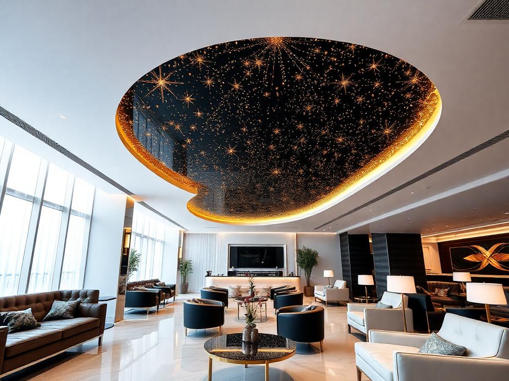 Contemporary dining room with starry night ceilings, shimmer accents, and elegant table settings